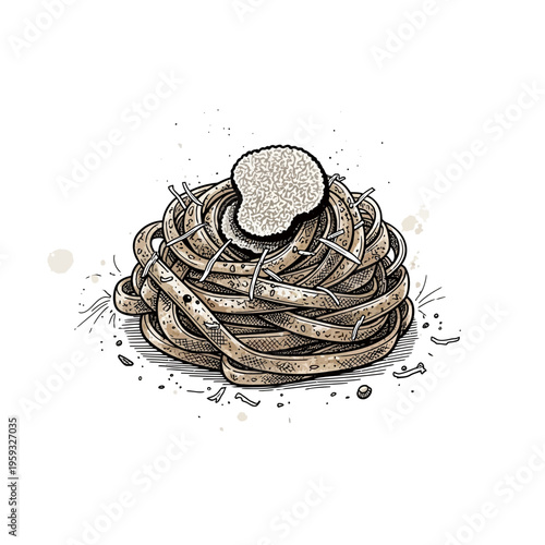 Fettuccine pasta with truffle and parmesan cheese, hand-drawn illustration