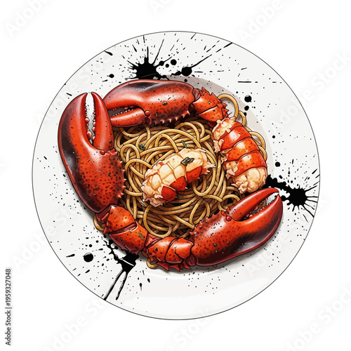 Gourmet Lobster Spaghetti Dish with Artistic Ink Splatter