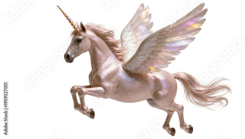 Elegant fantasy creature with iridescent horn and shimmering pegasus wings, in motion.