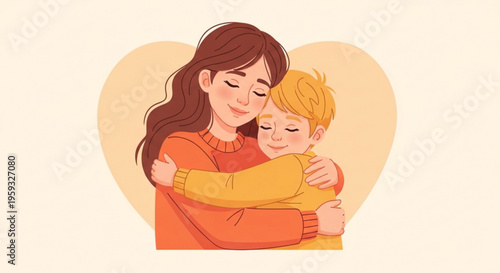 Mother and child embracing warmly in a heart shaped background conveying love and affection