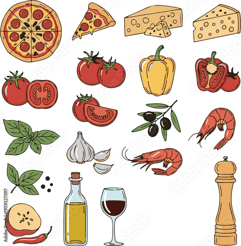A colorful illustration of various Italian food ingredients and dishes on a white background