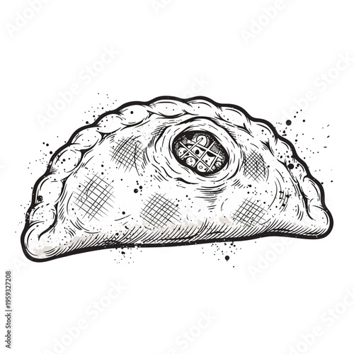 Hand-drawn empanada illustration with ink splatters
