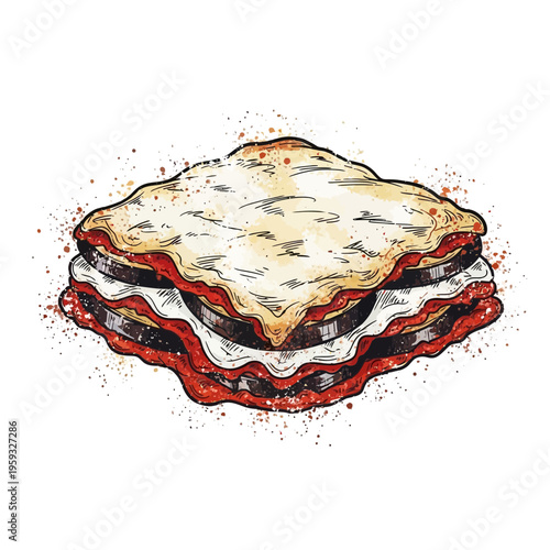 Hand-drawn illustration of a layered eggplant parmesan with a watercolor splash effect.