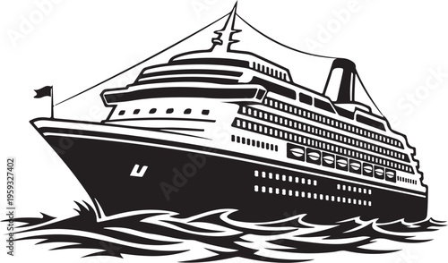 A large cruise ship sailing through calm waters in a black and white illustration