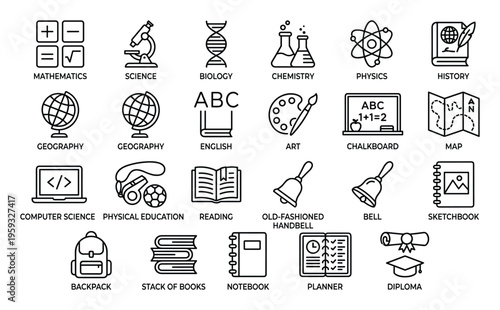 Diverse School Subject Icons: Mathematics, Science, Art, History, and More Educational Symbols