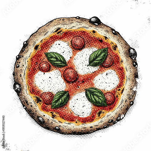 Hand-drawn Margherita pizza with basil, mozzarella, and tomatoes, top view