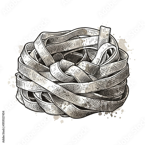 Hand-drawn nest of fettuccine pasta with watercolor splatters