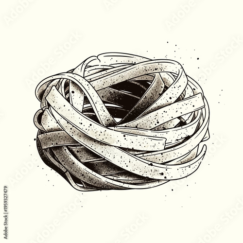 Hand-drawn nest of tagliatelle pasta, Italian cuisine illustration
