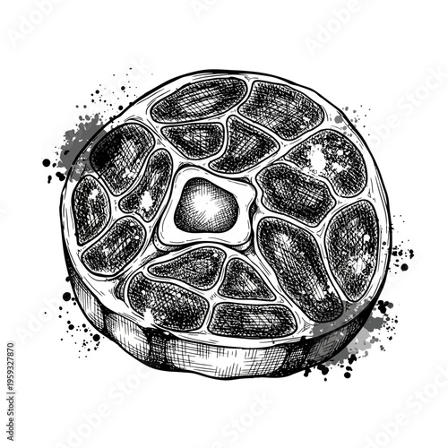 Raw beef shank steak, hand-drawn sketch with ink splatters