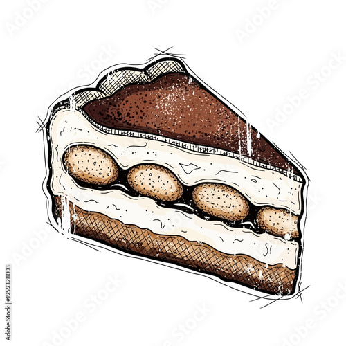 Slice of tiramisu cake with cream and cocoa powder