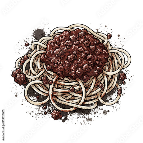 Spaghetti Bolognese Illustration with Ink Splatter