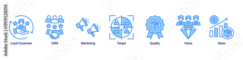Customer Value web banner icon illustration featuring Loyal Customer,CRM,Marketing,Target,Quality,Value,and Sales