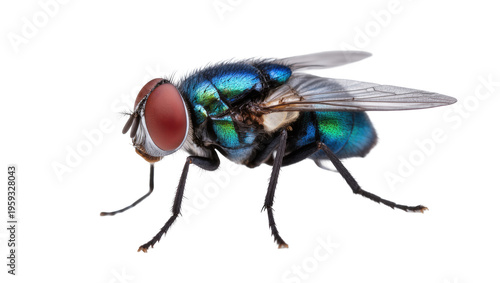 Tableau sur toile Close-up of a vibrant bluebottle fly with iridescent metallic body and large red