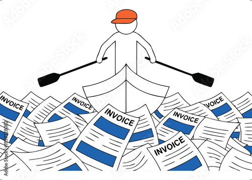 Person rowing through a sea of invoices, overwhelmed by financial burden and debt management challenges.