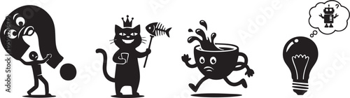 Whimsical black and white cartoon characters in various poses and expressions