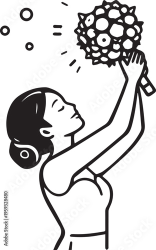 A woman gracefully holds a bouquet aloft, expressing emotion. A tender moment where a bride celebrates happiness.