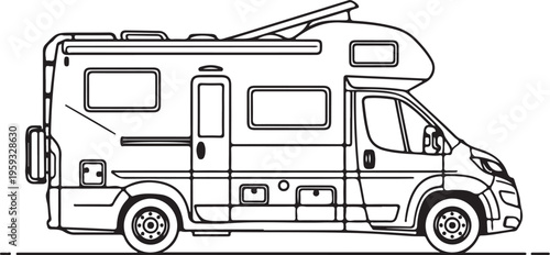 A black and white line drawing of a recreational vehicle with a pop-up roof