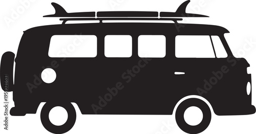 A black silhouette of a van with surfboards on top against a white background