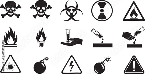 Collection of hazardous material warning symbols and icons