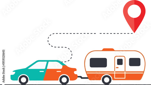 A colorful car towing a camper trailer with a red location pin indicating a travel destination