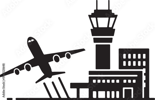 A black and white illustration of an airplane taking off near an airport terminal and control tower.