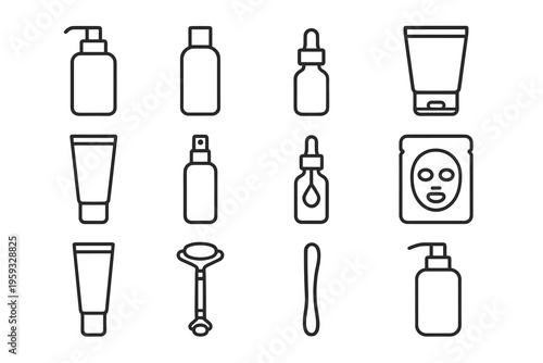 Skincare Icons Grid. Skincare product basics. Line outline icon set of skincare product basics: cleanser