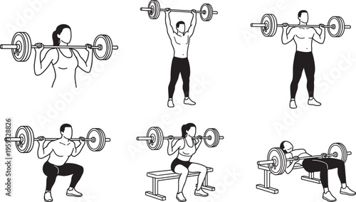 Weightlifting exercises vector set with barbell workout poses, strength training collection including squat bench press and overhead lift illustration
