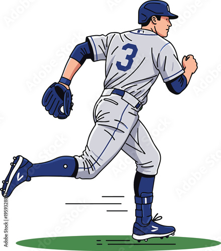 A cartoon baseball player wearing a white uniform and running on a green field
