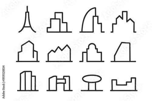 Neon Skyline Icons. Neon skyline silhouettes. Line outline icon set of neon skyline silhouettes: tall spire