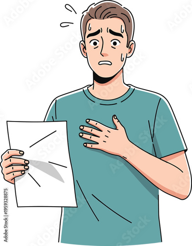 A stressed man holding a piece of paper and clutching his chest in anxiety or shock