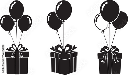 Black balloons tied to wrapped gifts on white background