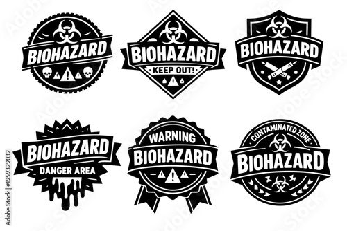 Biohazard warning labels and signs vector badge set for safety, danger, and contamination alerts