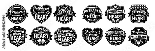 Collection of handcrafted cooking and baking labels showing kitchen tools and text prepared with heart