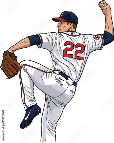 A baseball player in a white uniform with red and blue accents is throwing a ball.