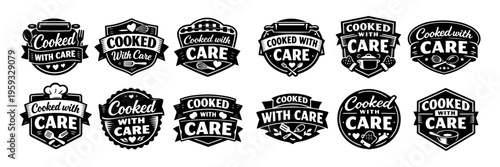 Cooked with care insignia typography collection communicating quality food, traditional bakery, and restaurant branding