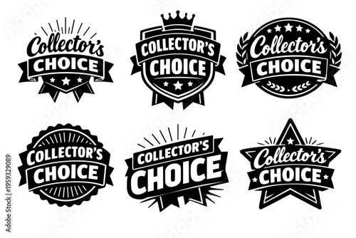 Collector's choice labels set with premium quality emblems, vintage badges, and certified product collection insignias