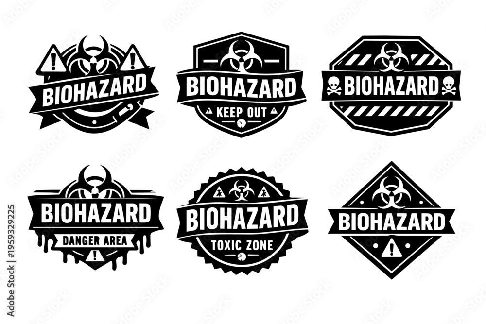Obraz premium Biohazard warning labels collection alerting to biological danger zones, toxic areas, and restricted access