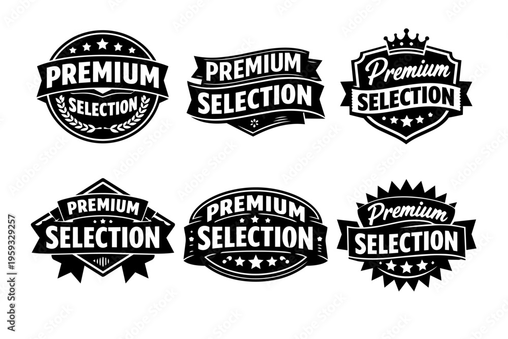 Obraz premium Black and white premium selection labels and badges set, offering quality, guarantee, and exclusive products