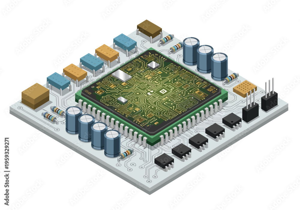Obraz premium A 3D illustration of a circuit board with various components and capacitors on a white background.