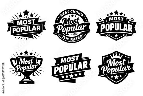 Set of most popular and best choice vector badges. Designs featuring stars, ribbons, shields, crowns, and a trophy