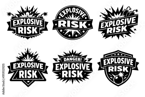 Explosive risk warning labels set presenting danger concepts with bomb and blast icons for hazard alerts
