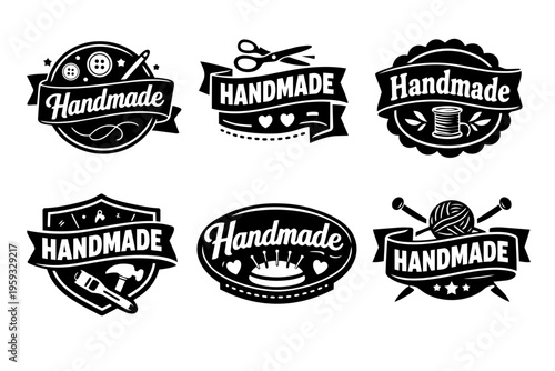 Collection of black and white handmade badges, featuring traditional craft tools for sewing, knitting, and artisanal goods