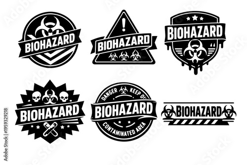 Biohazard warning signs and labels set representing biological risk, danger, and severe contamination