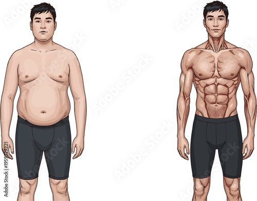 A man undergoes a dramatic transformation from an overweight physique to a fit and muscular body through exercise and healthy lifestyle choices.