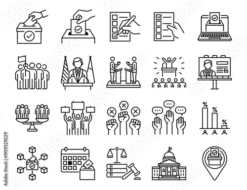 Government and election icon set including voting, ballot box, checklist, debate, protest, leadership, democracy, law and civic participation in clean outline style.