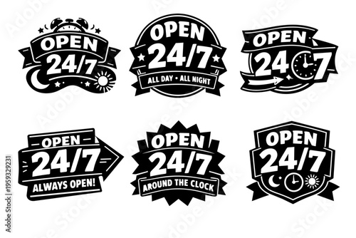 Open 24/7 service sign collection, always available business operating day and night around the clock with badge icons
