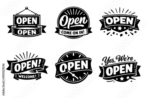 Set of vintage 'open' signs and badges for retail businesses, welcoming customers with style and visibility
