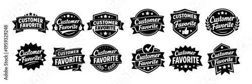 Customer favorite badges collection in black and white, highlighting top rated products and popular items with style