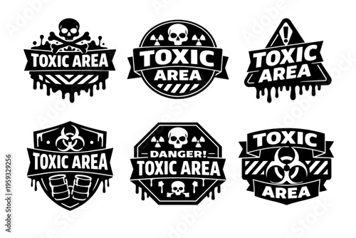 Toxic area warning labels set with skull, biohazard, and danger symbols for hazardous chemical zones