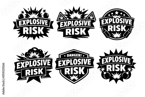 Explosive risk warning emblems set showing different hazard symbols with bombs, dynamite, and danger signs